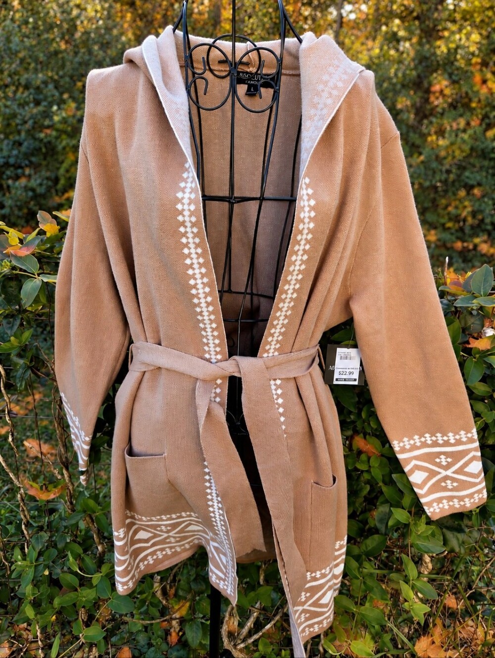 NWT Boho Hooded Cardigan Sweater Coat Tan Aztec Print Belted Open Front L
